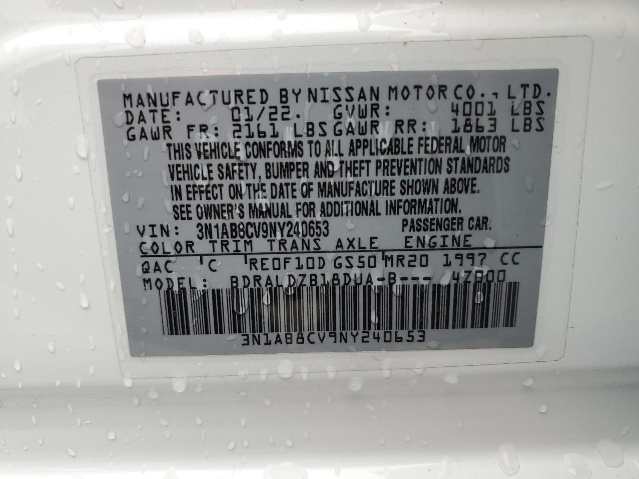 2022 NISSAN SENTRA SV VIN:3N1AB8CV9NY240653