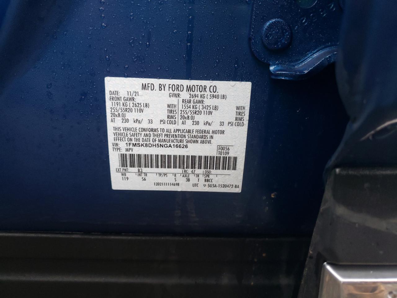 2022 FORD EXPLORER XLT VIN:1FMSK8DH5NGA16626