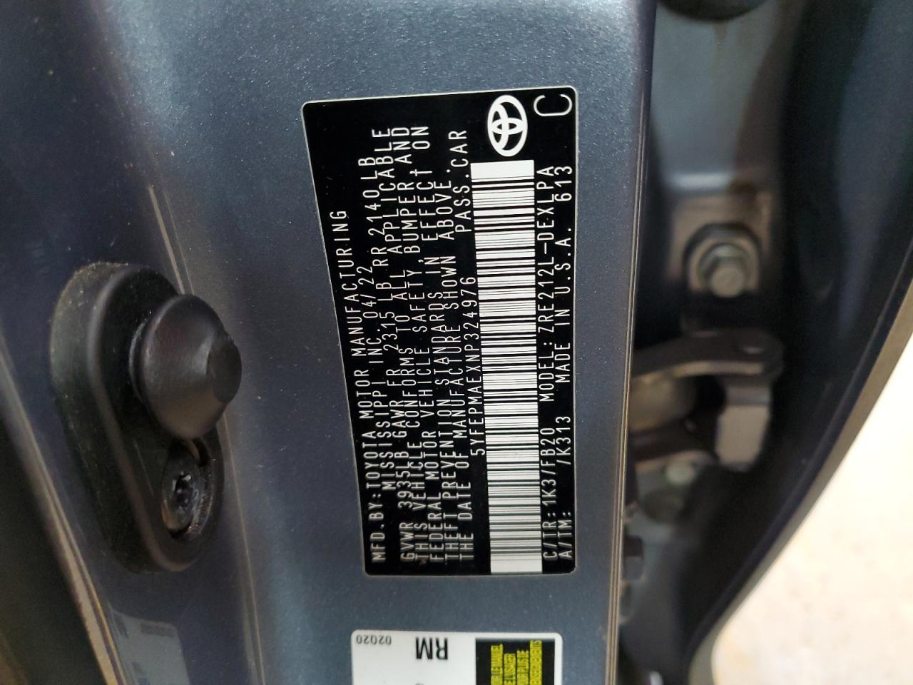 2022 TOYOTA COROLLA LE VIN:5YFEPMAEXNP324976