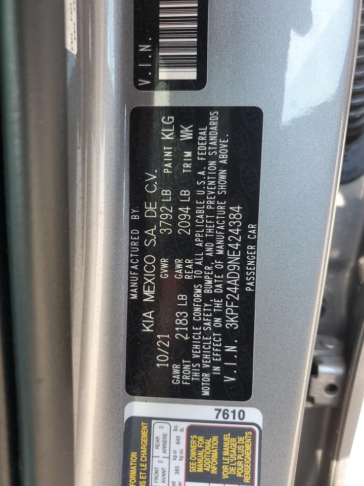 2022 KIA FORTE FE VIN:3KPF24AD9NE424384