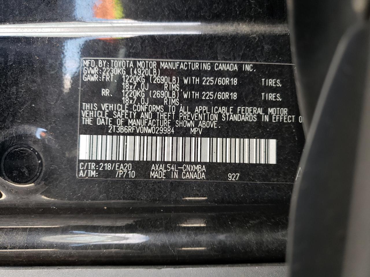 2022 TOYOTA RAV4 XLE PREMIUM VIN:2T3B6RFV0NW029984