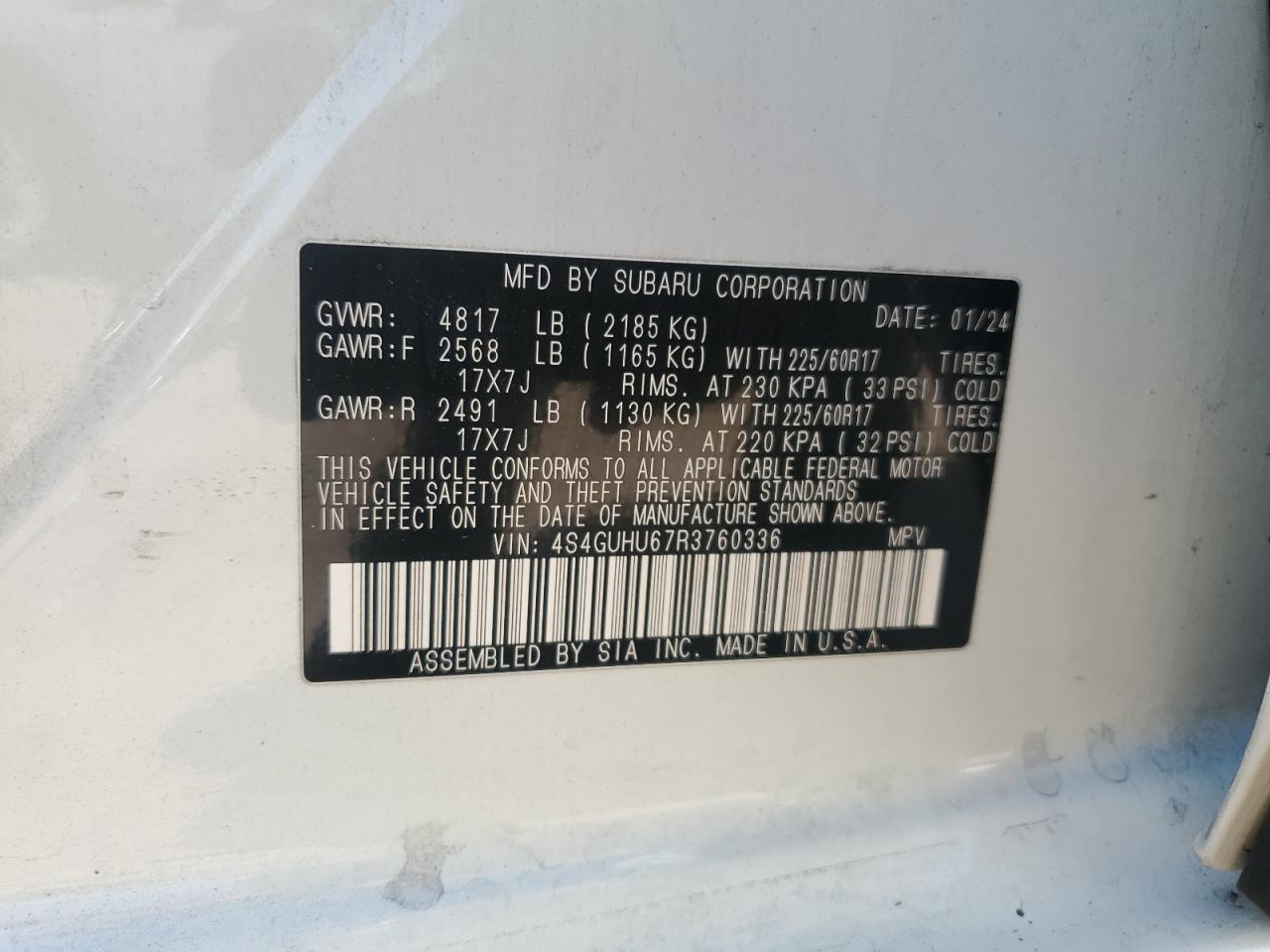 2024 SUBARU CROSSTREK WILDERNESS VIN:4S4GUHU67R3760336