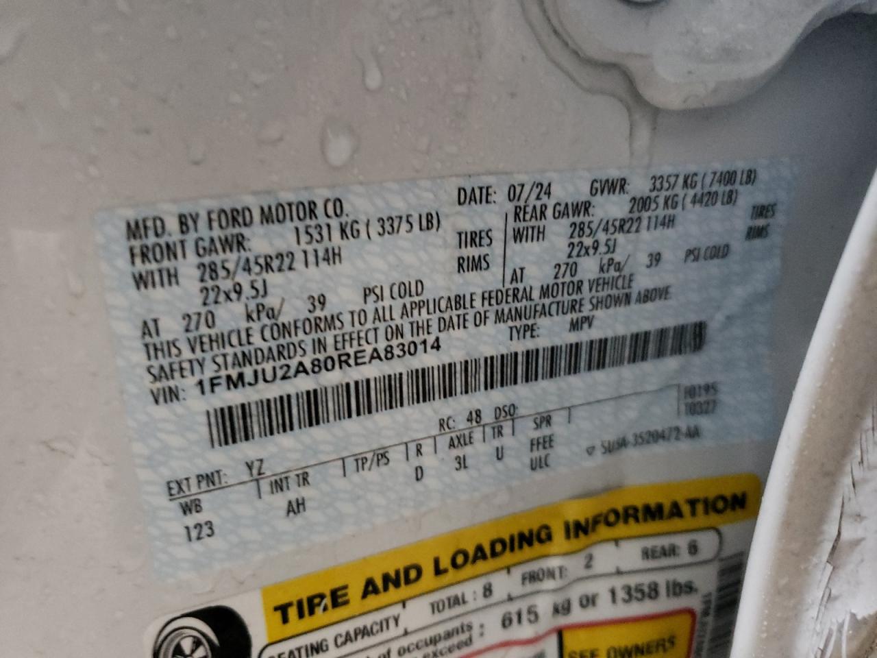 2024 FORD EXPEDITION LIMITED VIN:1FMJU2A80REA83014