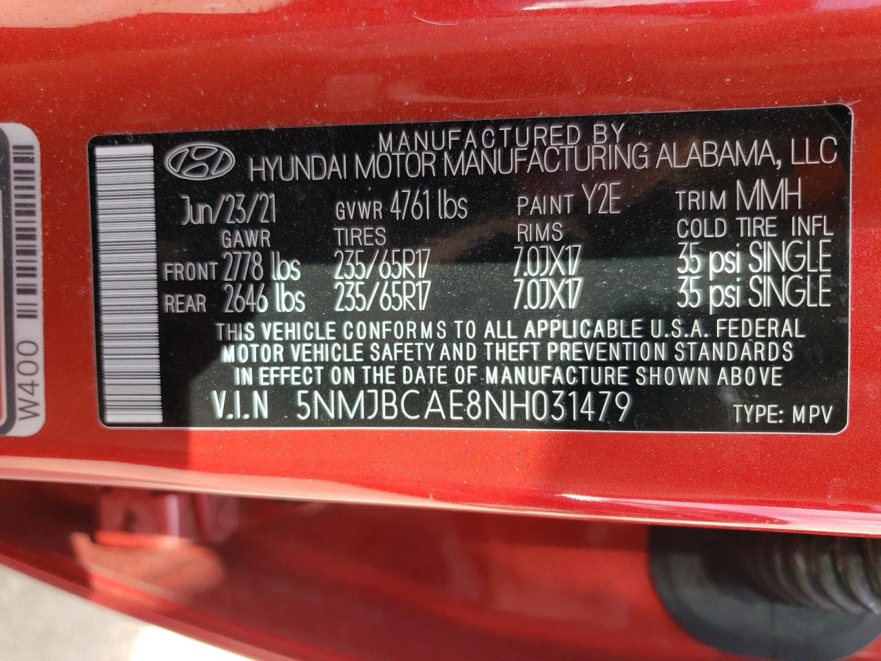 2022 HYUNDAI TUCSON SEL VIN:5NMJBCAE8NH031479
