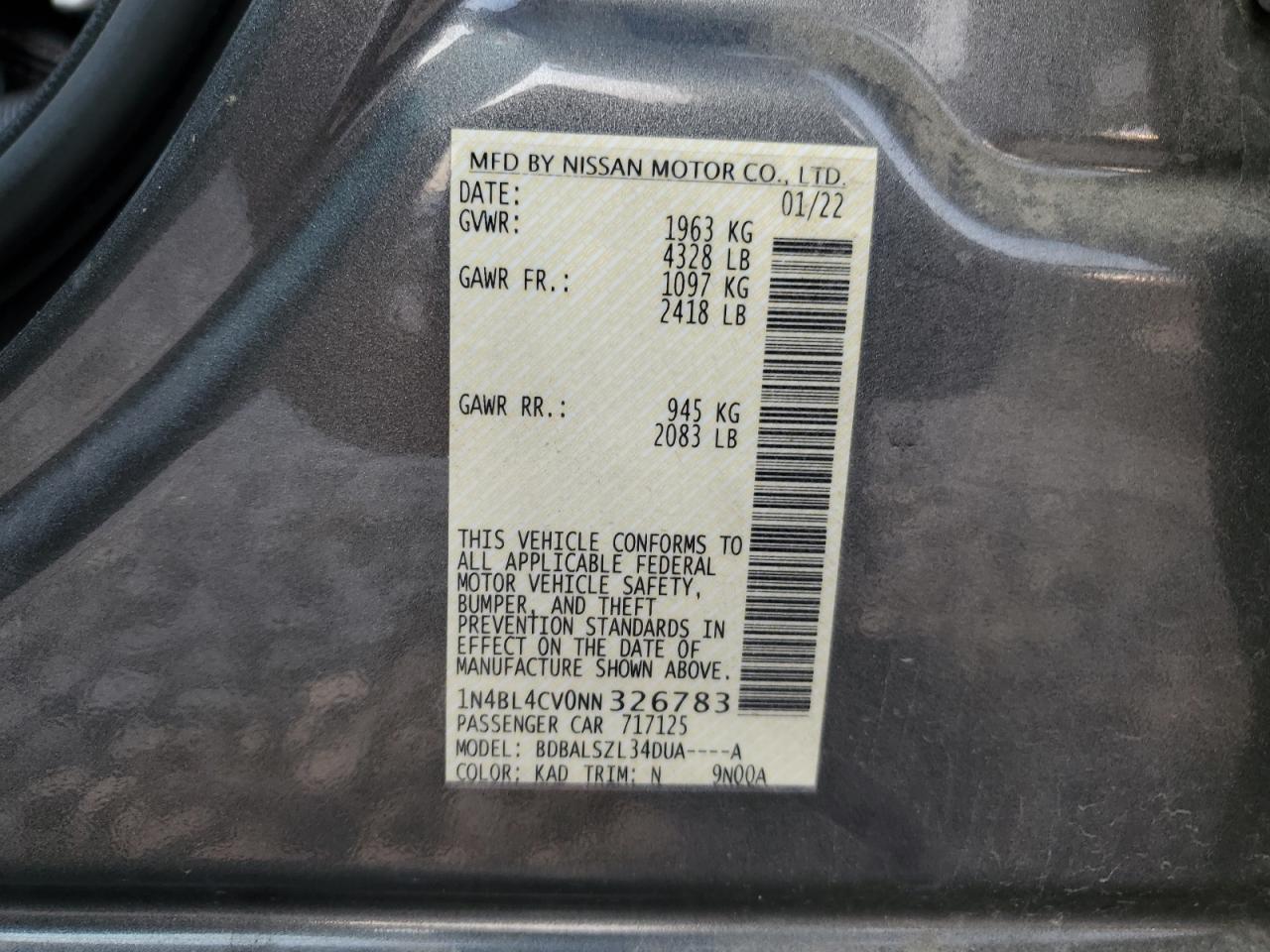 2022 NISSAN ALTIMA SR VIN:1N4BL4CV0NN326783