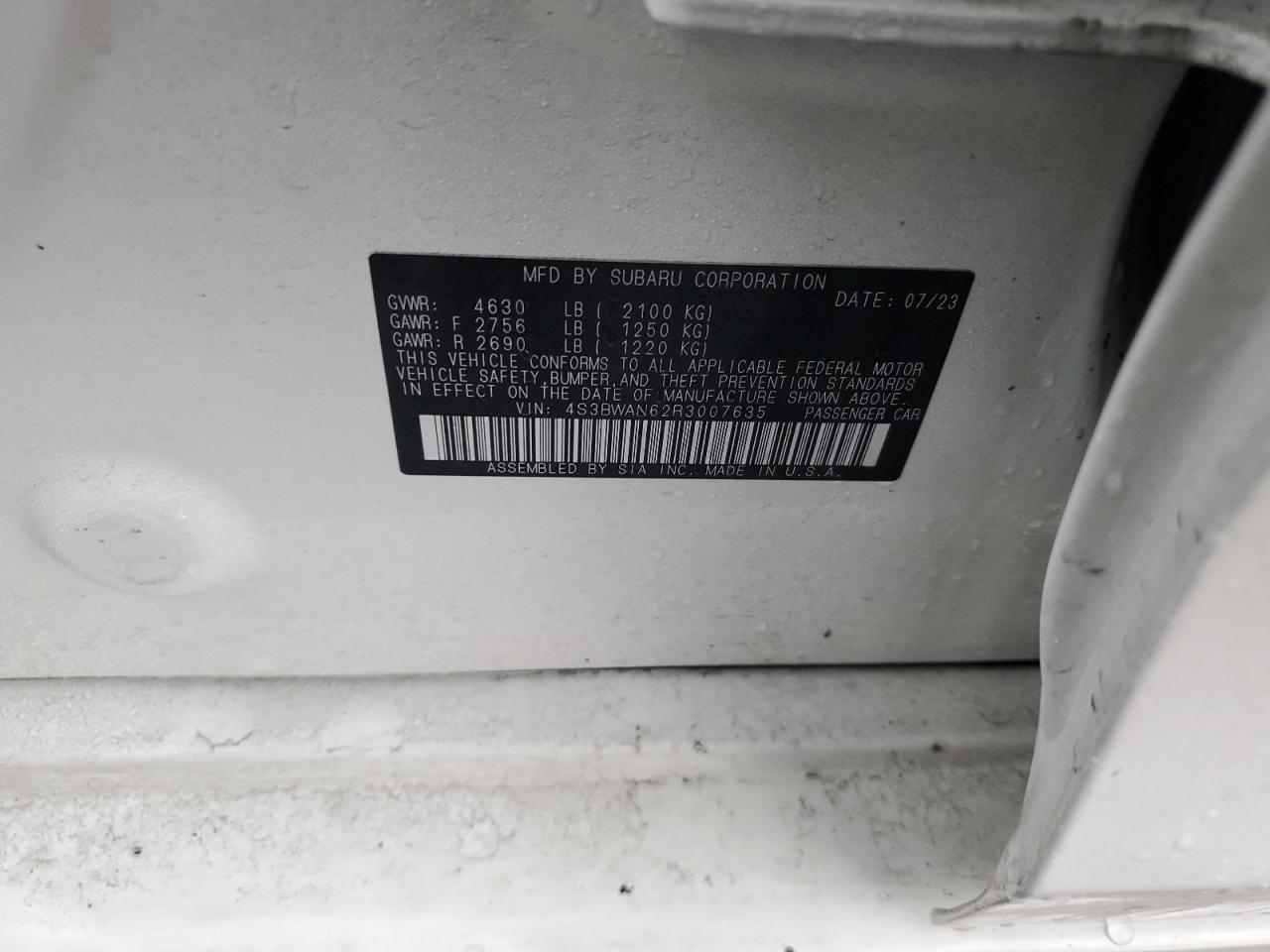 2024 SUBARU LEGACY LIMITED VIN:4S3BWAN62R3007635