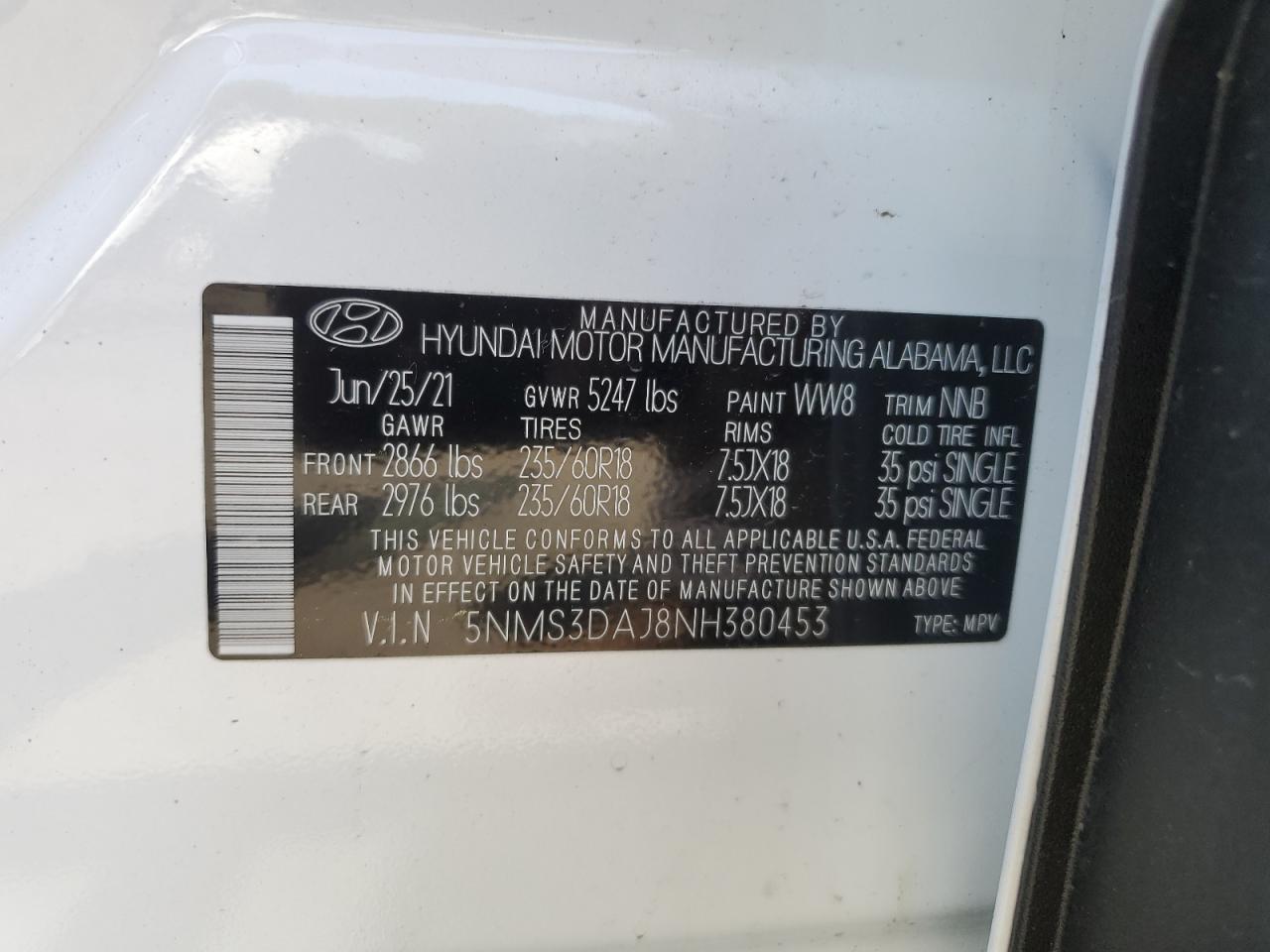 2022 HYUNDAI SANTA FE SEL VIN:5NMS3DAJ8NH380453