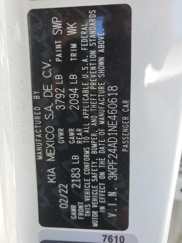 2022 KIA FORTE FE VIN:3KPF24AD1NE460618