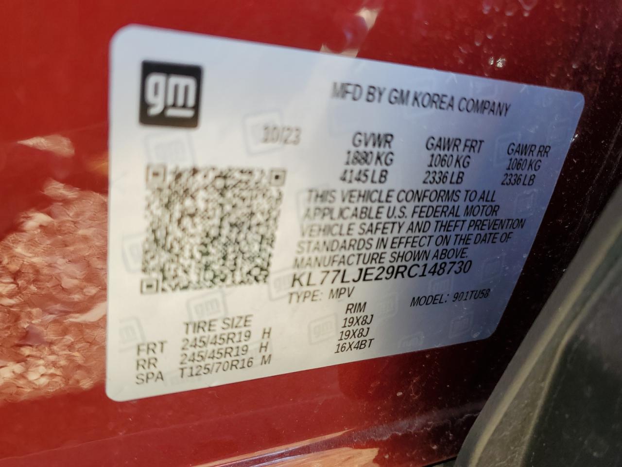 2024 CHEVROLET TRAX 2RS VIN:KL77LJE29RC148730