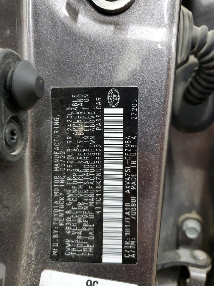 2022 TOYOTA CAMRY LE VIN:4T1C11BK7NU066622