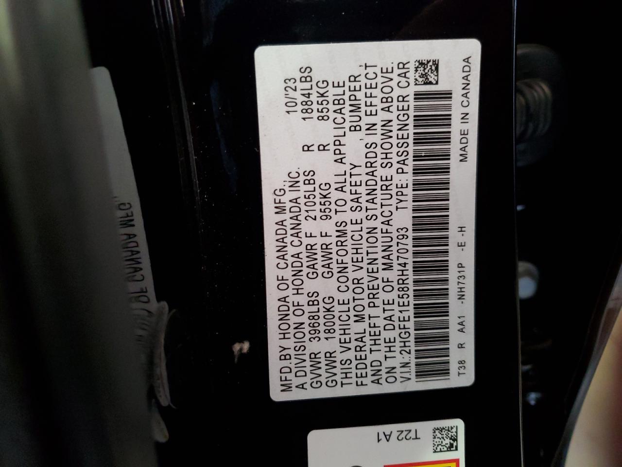 2024 HONDA CIVIC SI VIN:2HGFE1E58RH470793