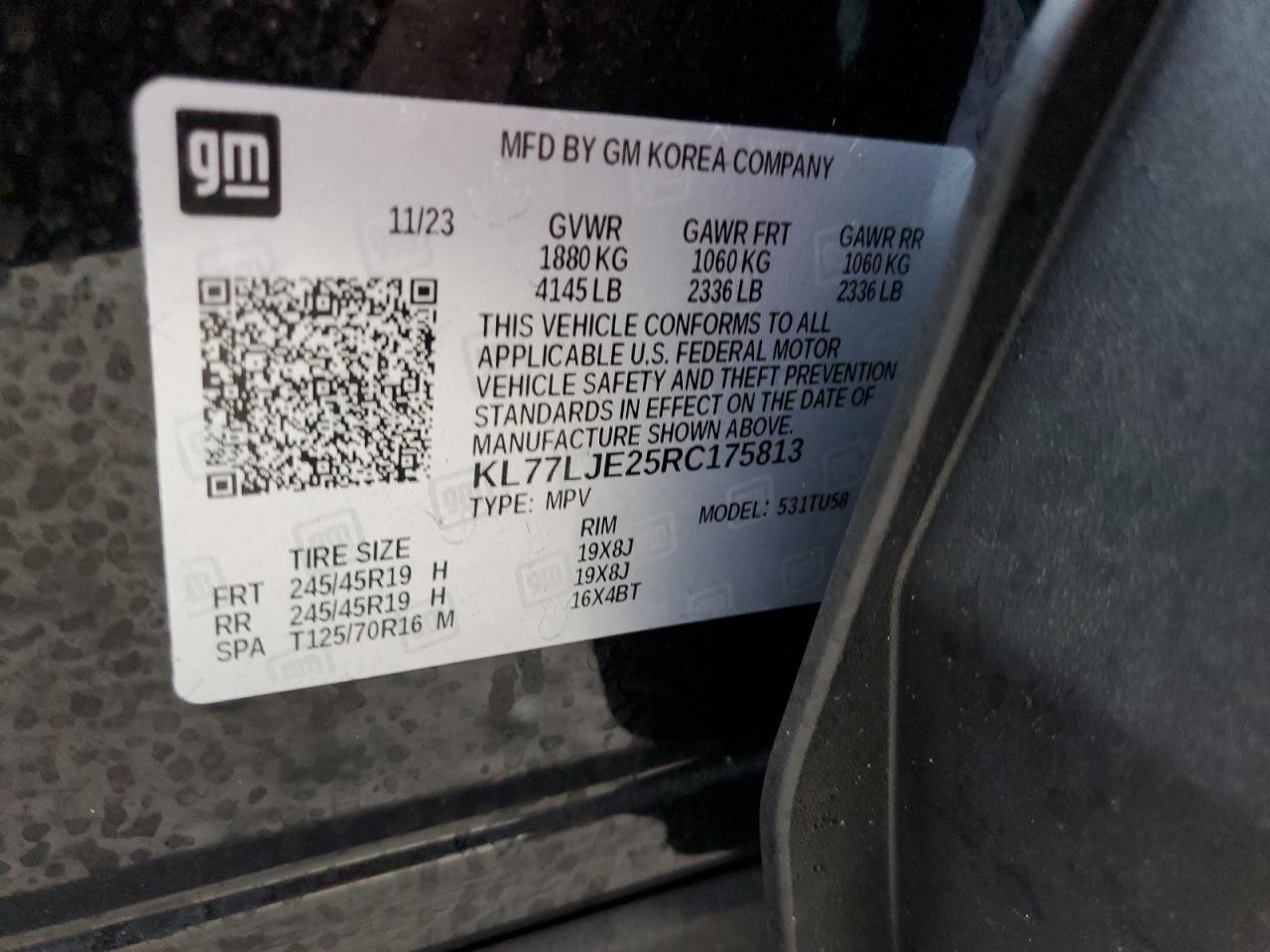 2024 CHEVROLET TRAX 2RS VIN:KL77LJE25RC175813