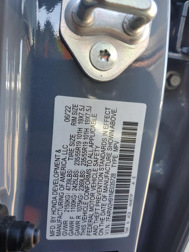 2022 HONDA CR-V TOURING VIN:7FARW2H91NE035728