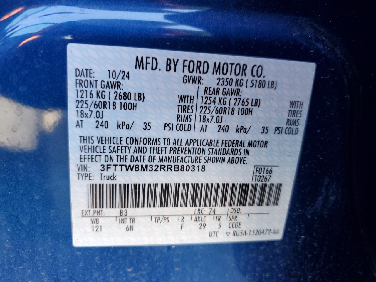 2024 FORD MAVERICK LARIAT VIN:3FTTW8M32RRB80318