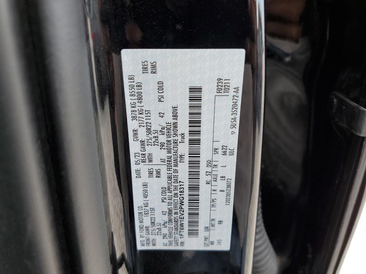 2023 FORD F150 LIGHTNING PRO VIN:1FT6W1EV2PWG18317