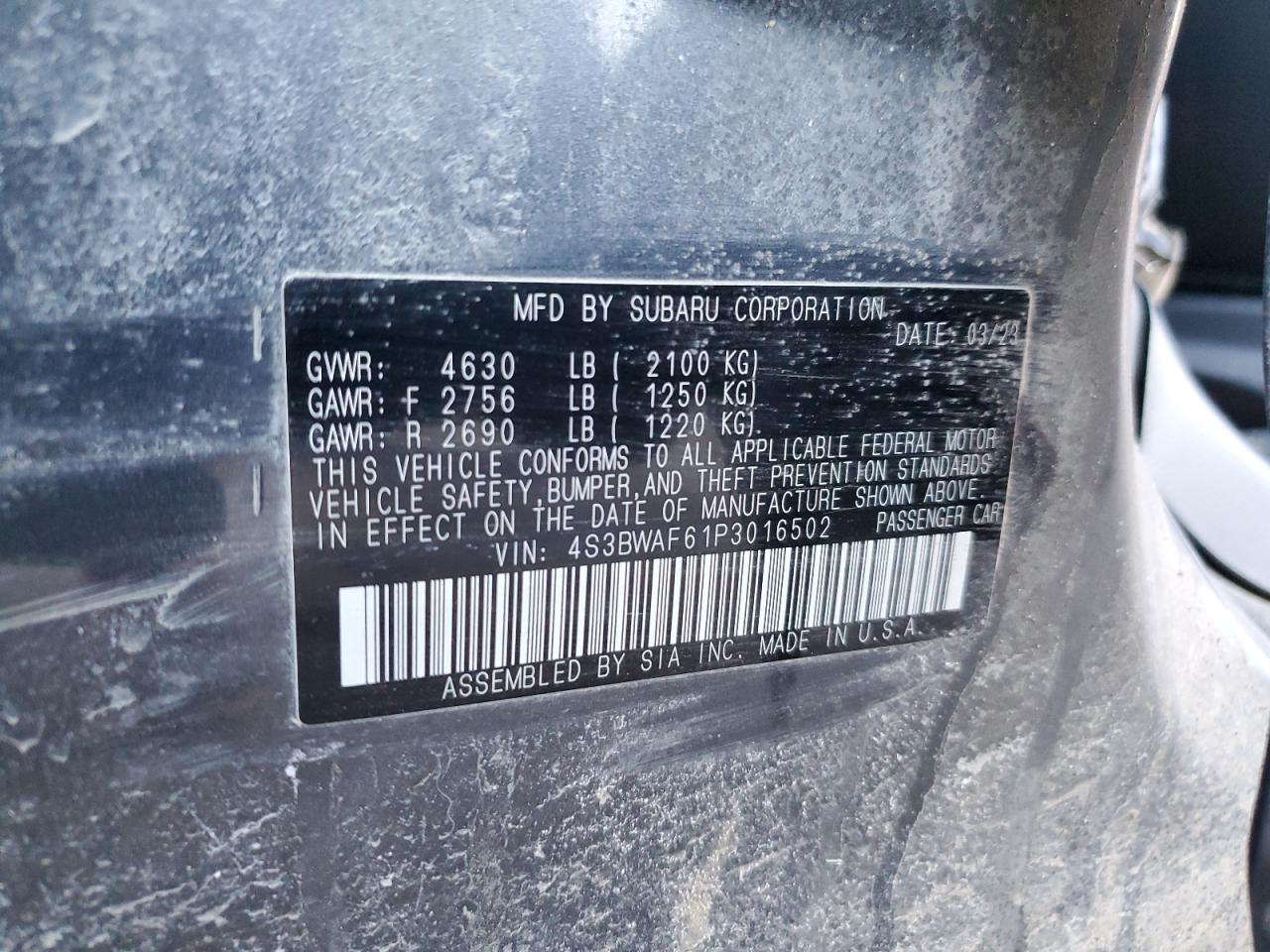 2023 SUBARU LEGACY PREMIUM VIN:4S3BWAF61P3016502