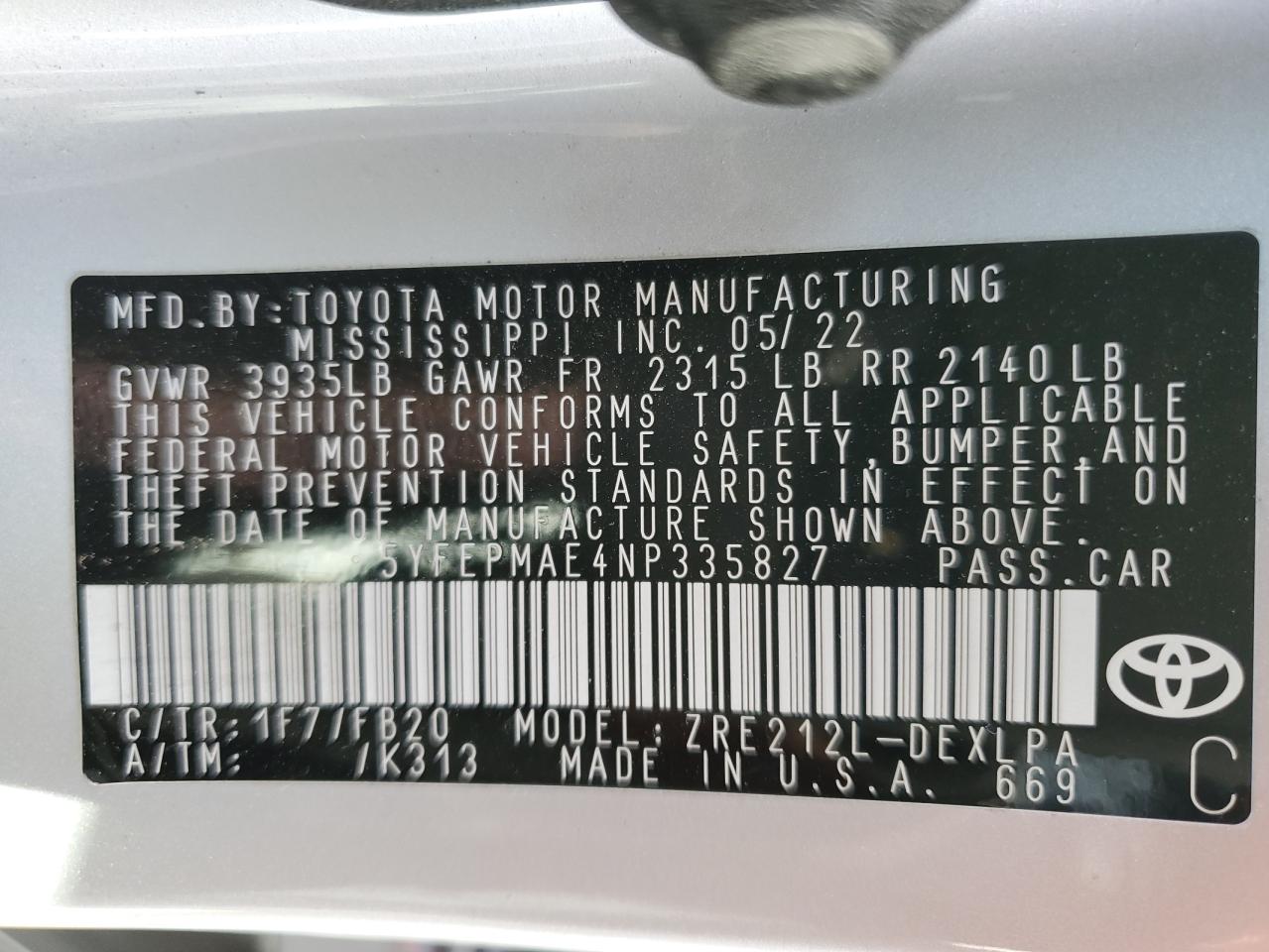 2022 TOYOTA COROLLA LE VIN:5YFEPMAE4NP335827