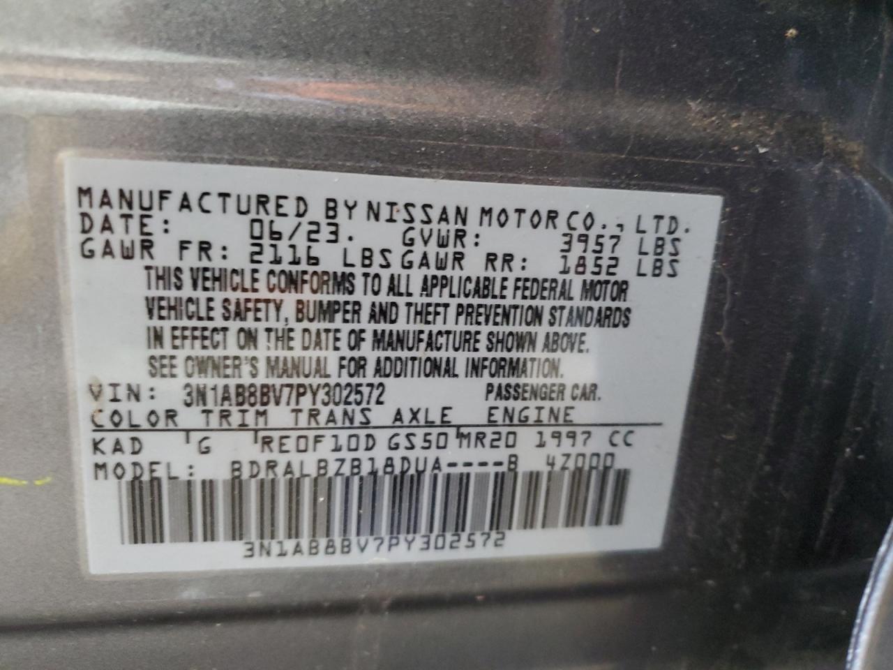 2023 NISSAN SENTRA S VIN:3N1AB8BV7PY302572