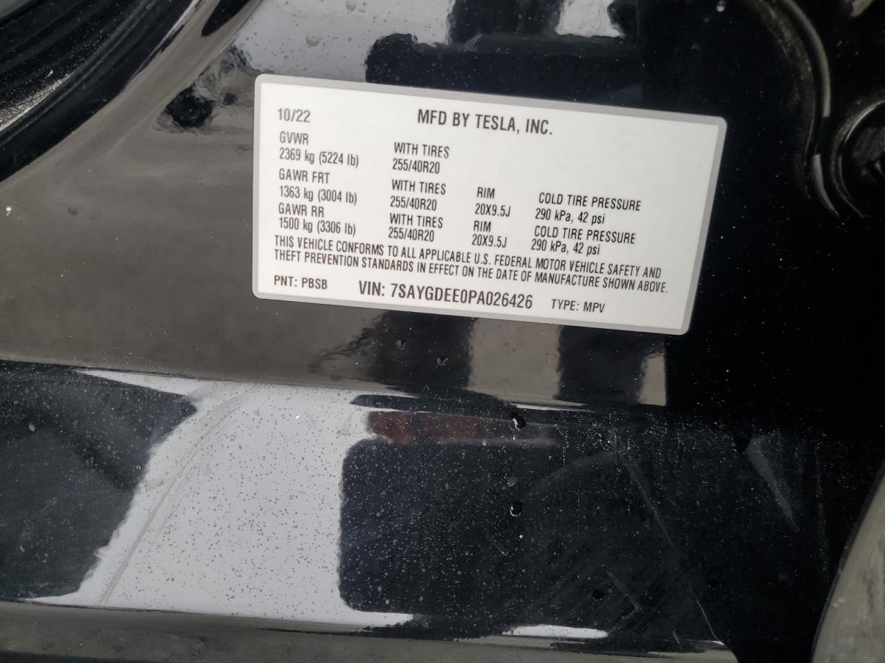 2023 TESLA MODEL Y  VIN:7SAYGDEE0PA026426