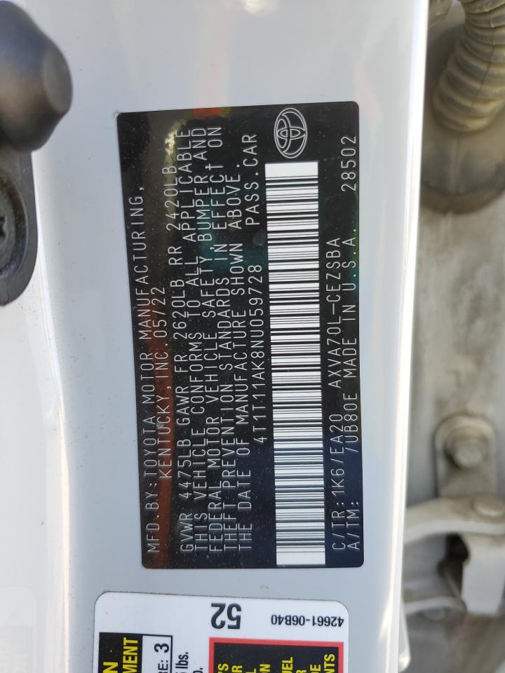 2022 TOYOTA CAMRY SE VIN:4T1T11AK8NU059728
