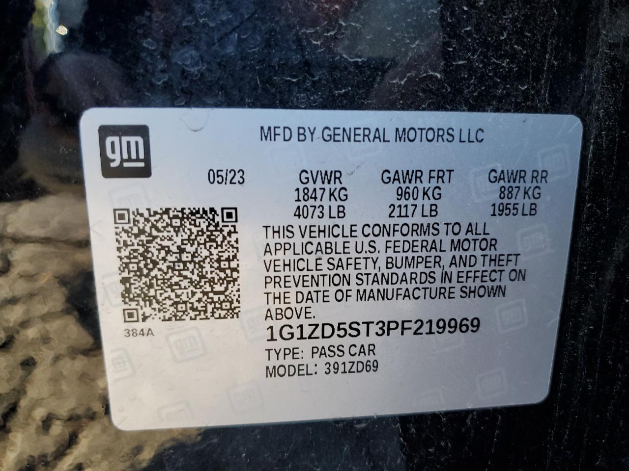 2023 CHEVROLET MALIBU LT VIN:1G1ZD5ST3PF219969