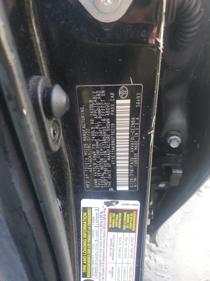 2022 TOYOTA CAMRY LE VIN:4T1C11AK8NU716219