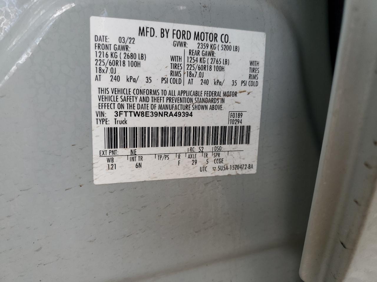 2022 FORD MAVERICK XL VIN:3FTTW8E39NRA49394