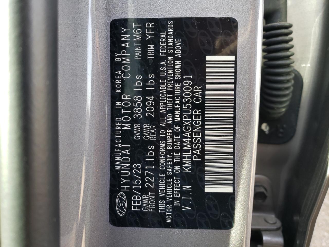 2023 HYUNDAI ELANTRA SEL VIN:KMHLM4AGXPU530091