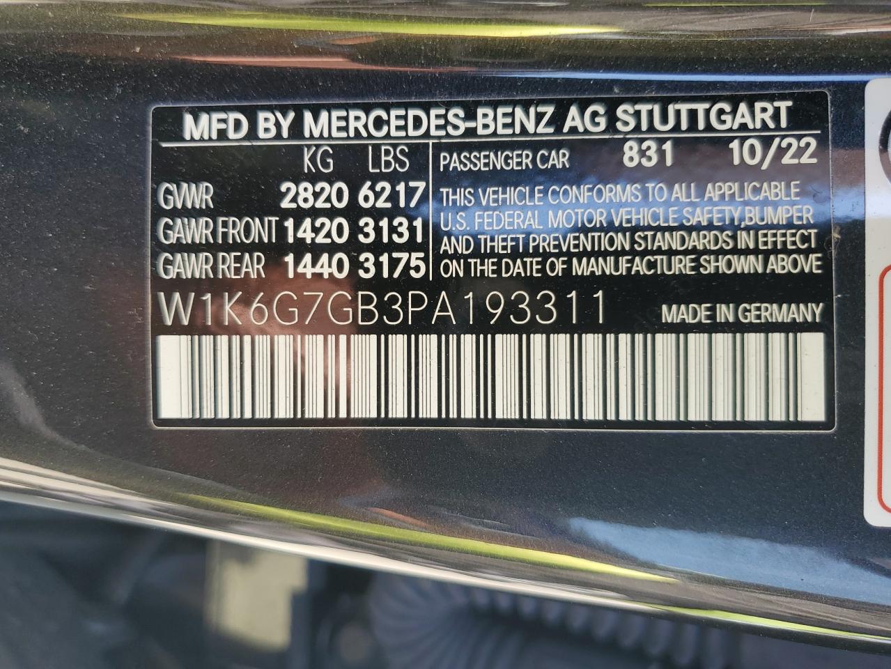 2023 MERCEDES-BENZ S 580 4MATIC VIN:W1K6G7GB3PA193311