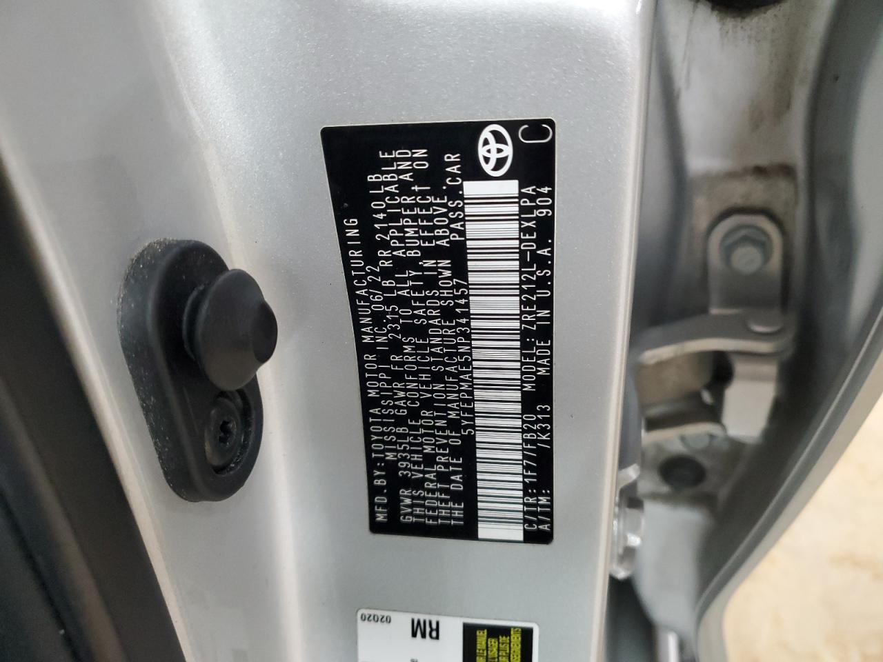 2022 TOYOTA COROLLA LE VIN:5YFEPMAE5NP341457