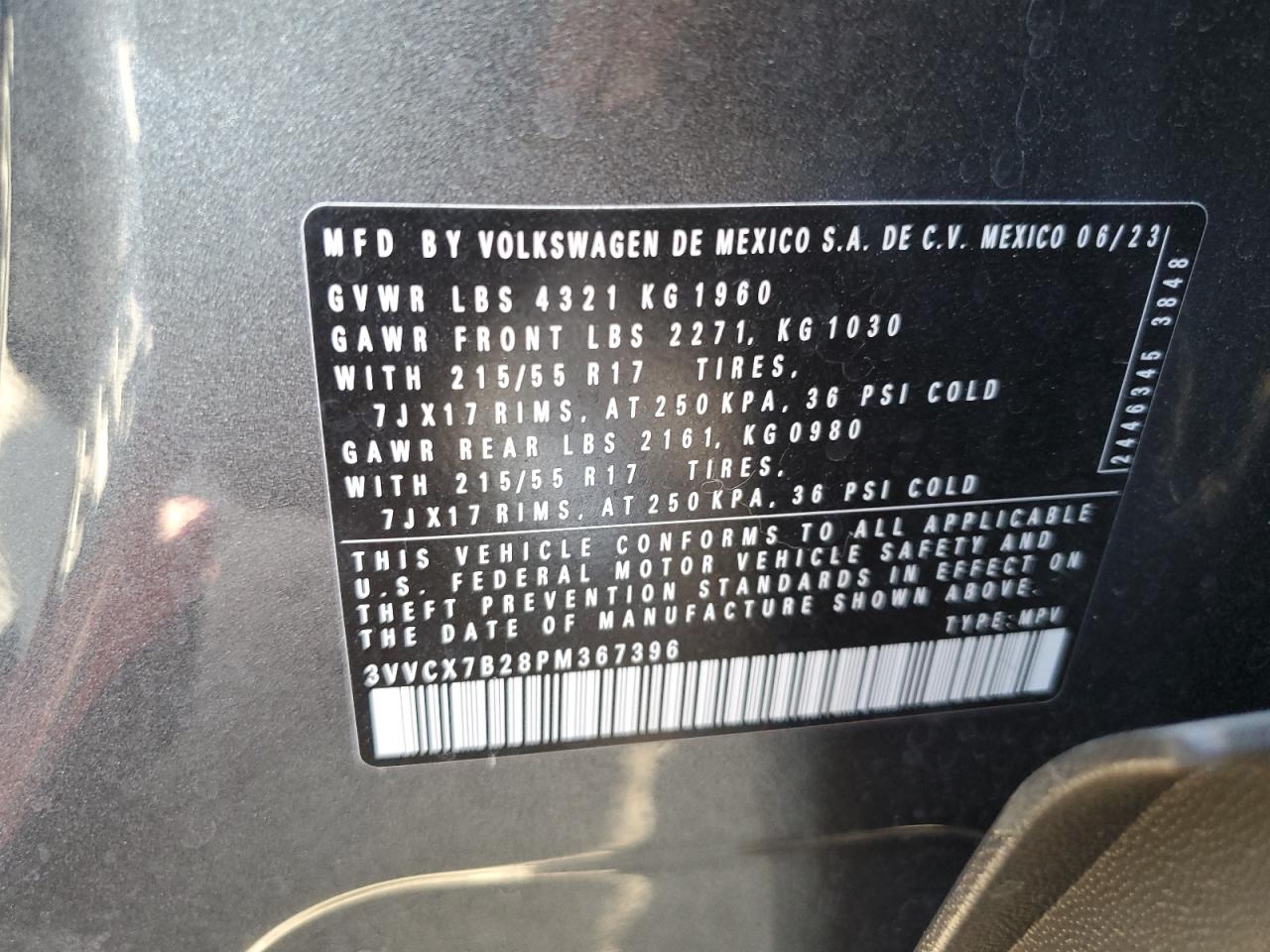 2023 VOLKSWAGEN TAOS S VIN:3VVCX7B28PM367396