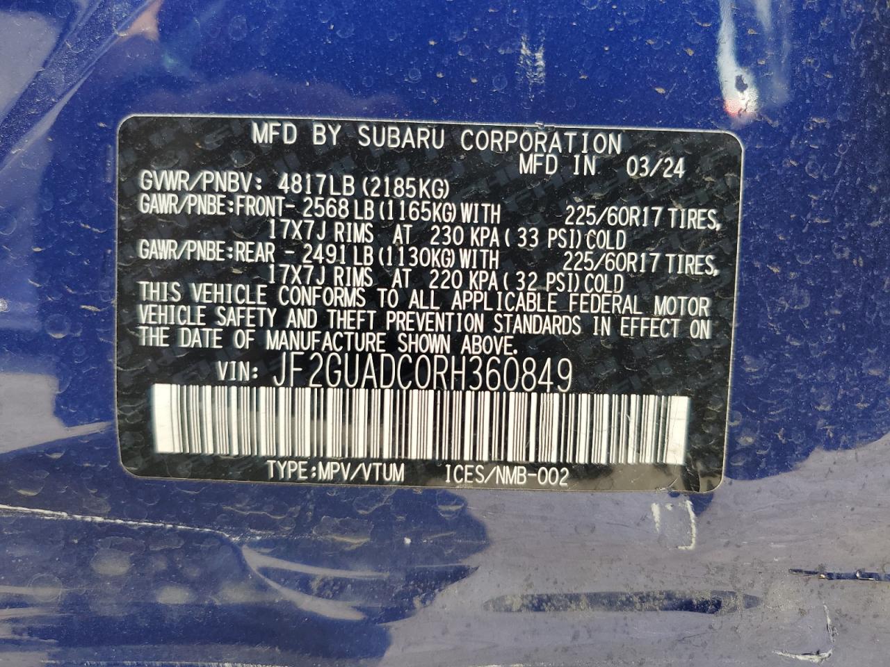 2024 SUBARU CROSSTREK PREMIUM VIN:JF2GUADC0RH360849