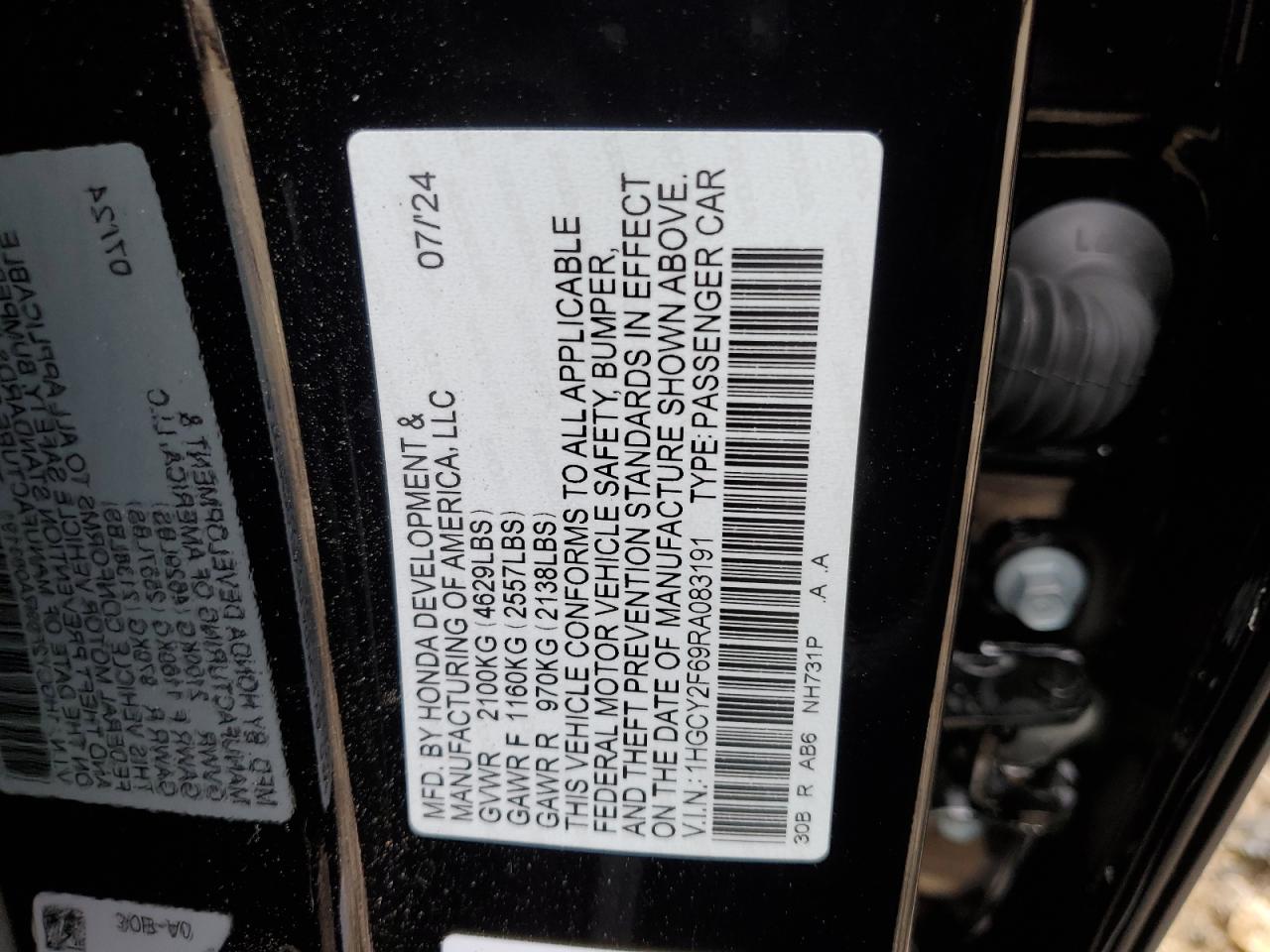 2024 HONDA ACCORD HYBRID EXL VIN:1HGCY2F69RA083191