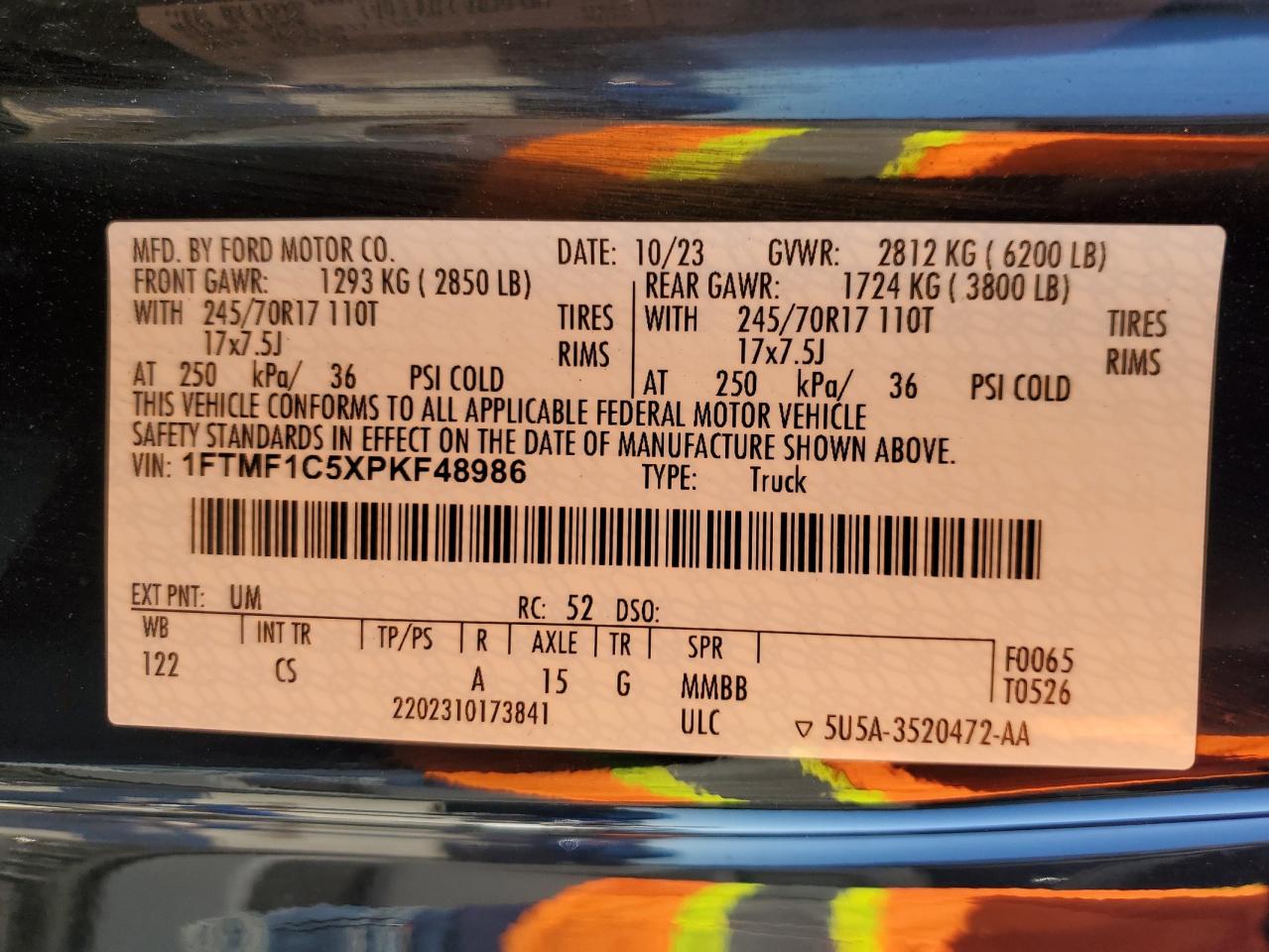 2023 FORD F150  VIN:1FTMF1C5XPKF48986