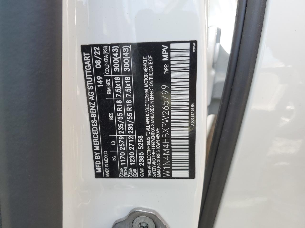 2023 MERCEDES-BENZ GLB 250 4MATIC VIN:W1N4M4HBXPW265799