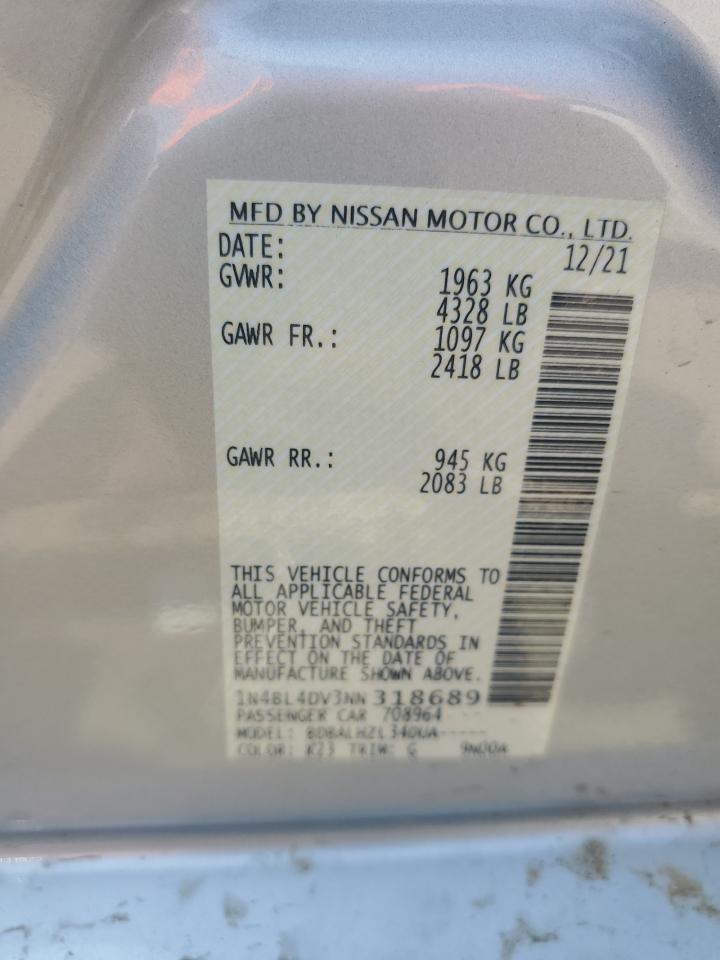 2022 NISSAN ALTIMA SV VIN:1N4BL4DV3NN318689