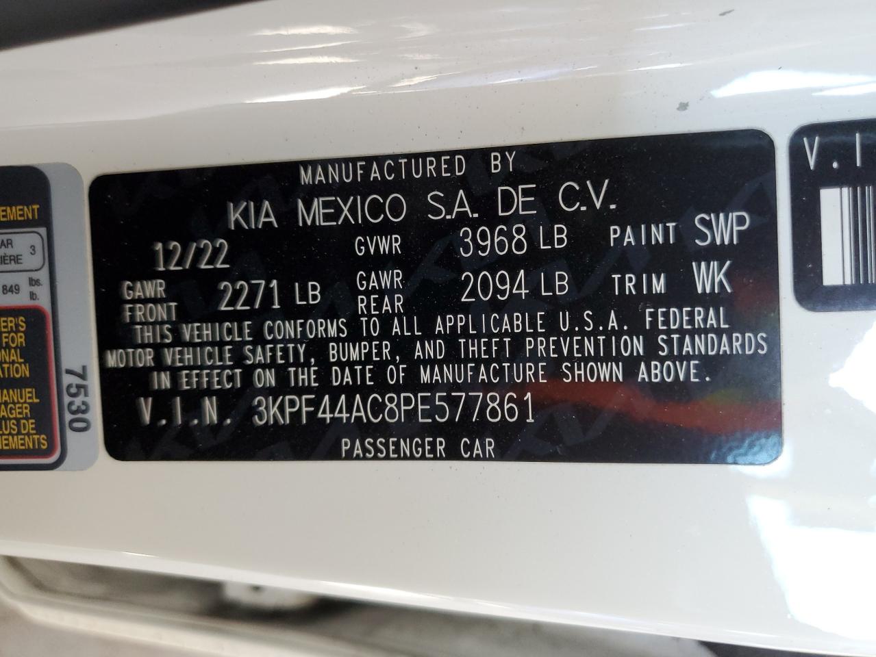 2023 KIA FORTE GT VIN:3KPF44AC8PE577861