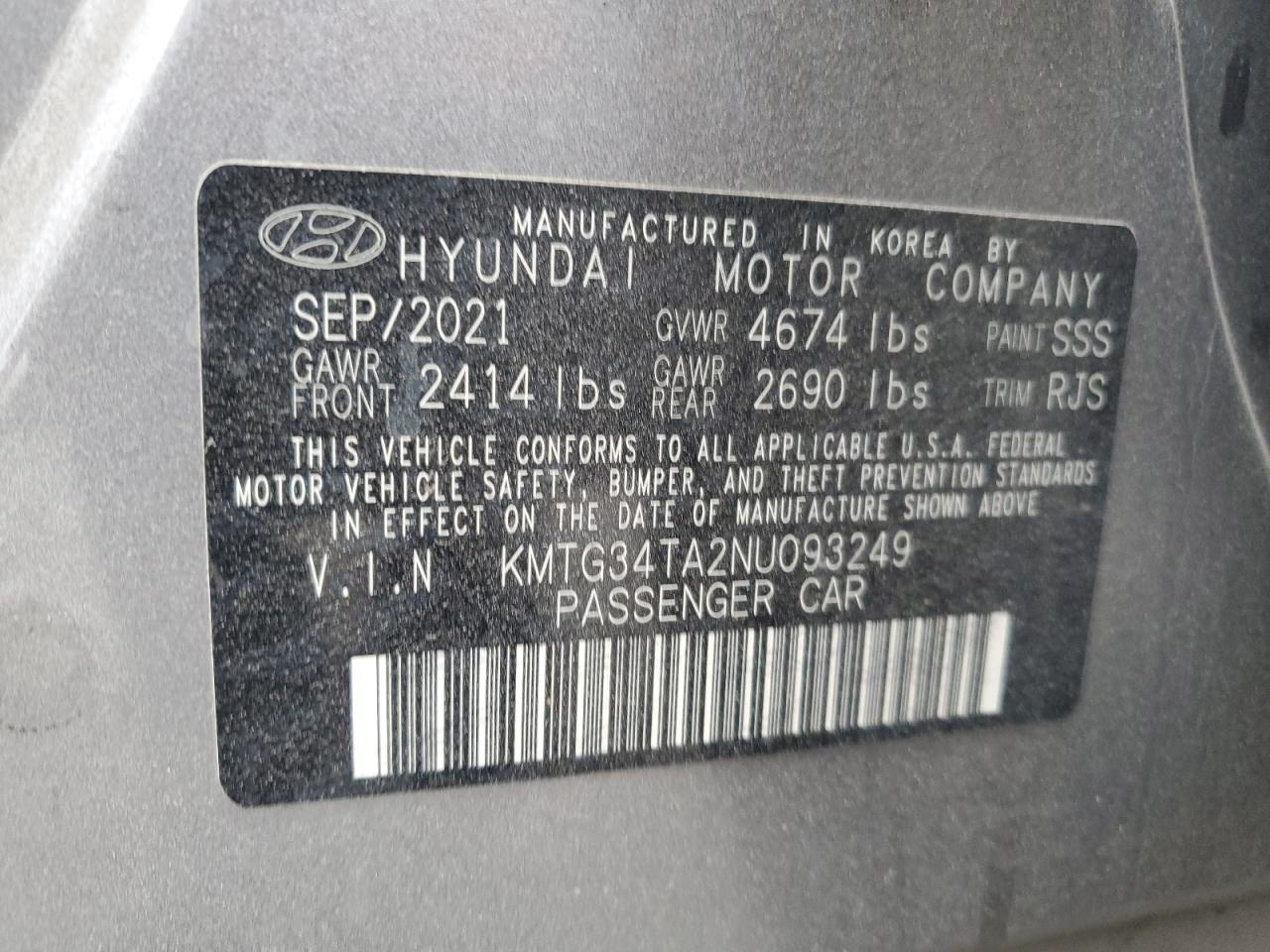 2022 GENESIS G70 BASE VIN:KMTG34TA2NU093249