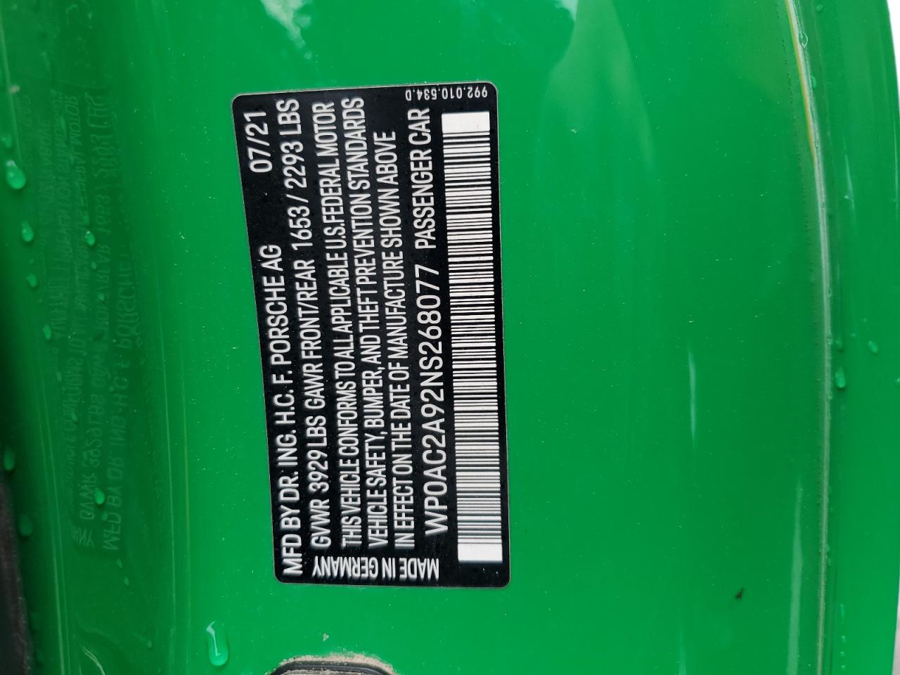 2022 PORSCHE 911 GT3 VIN:WP0AC2A92NS268077