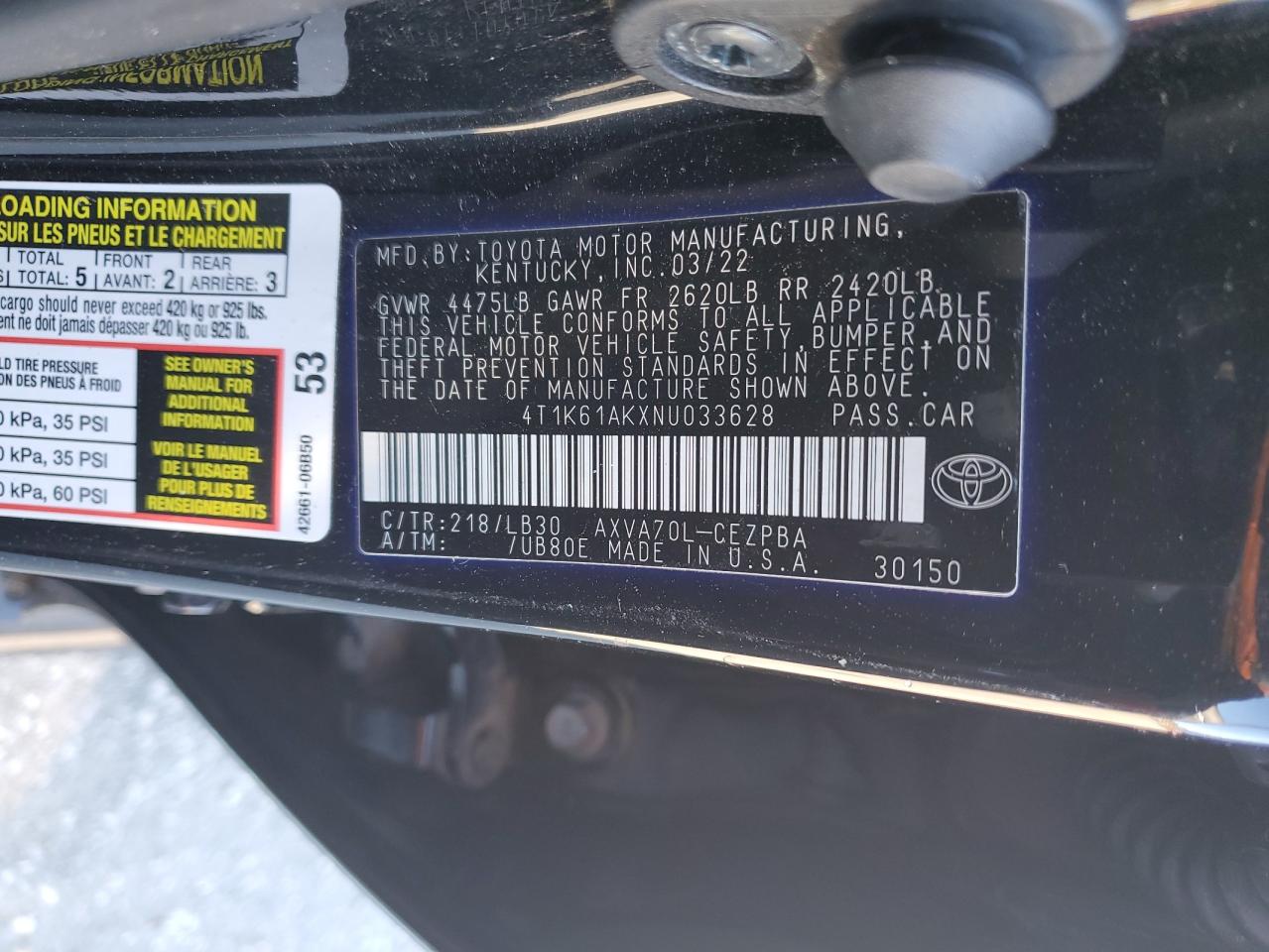 2022 TOYOTA CAMRY XSE VIN:4T1K61AKXNU033628