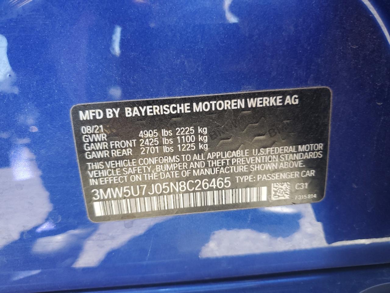 2022 BMW M340I  VIN:3MW5U7J05N8C26465