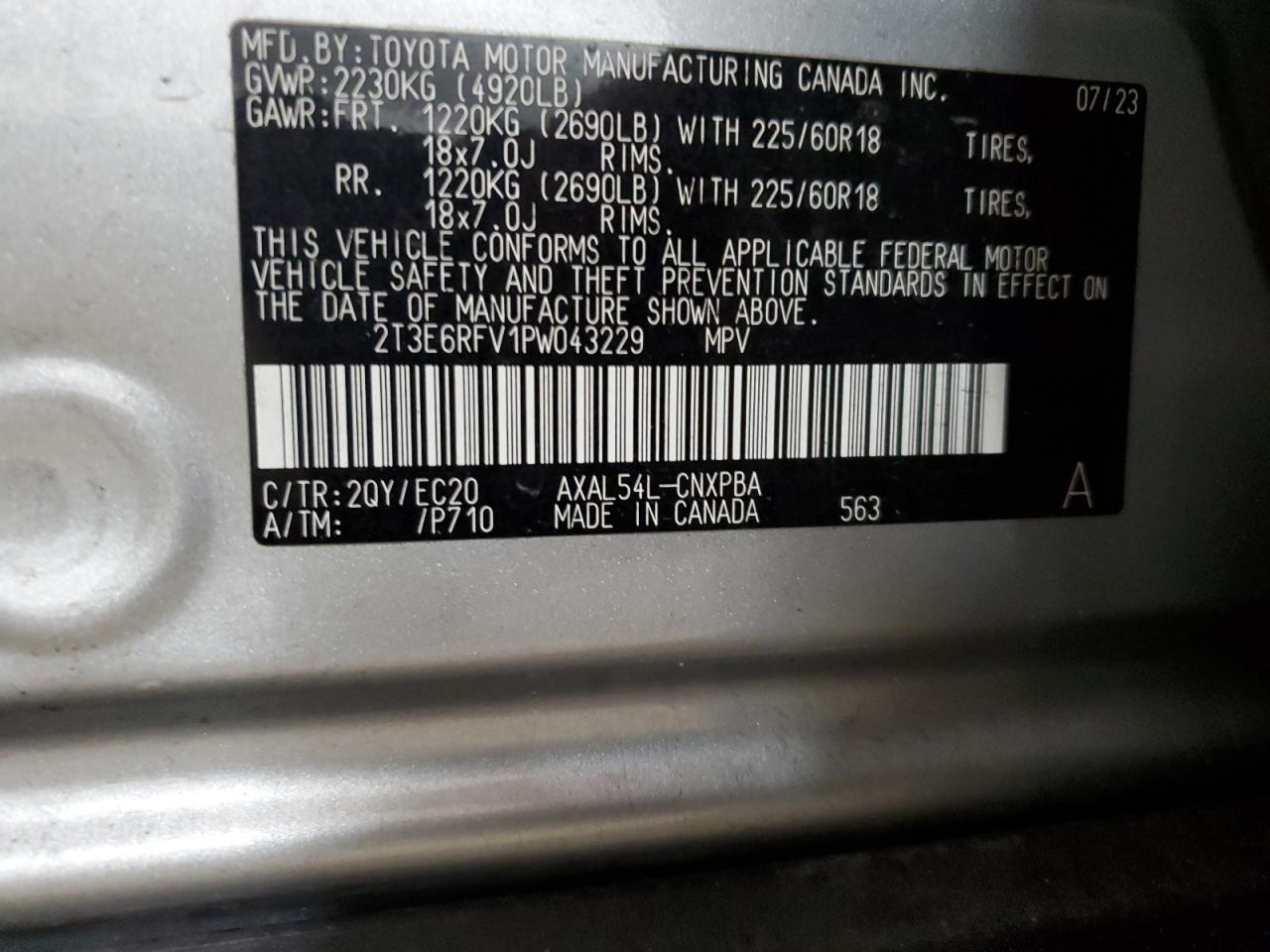 2023 TOYOTA RAV4 XSE VIN:2T3E6RFV1PW043229