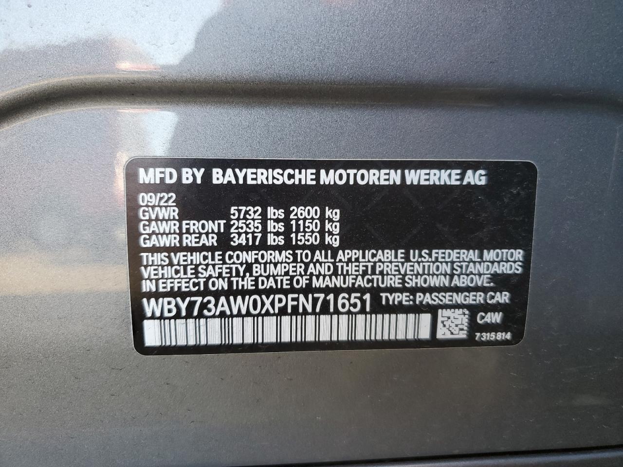 2023 BMW I4 EDRIVE 40 VIN:WBY73AW0XPFN71651