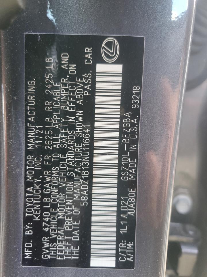 2022 LEXUS ES 350 BASE VIN:58ADZ1B13NU116641