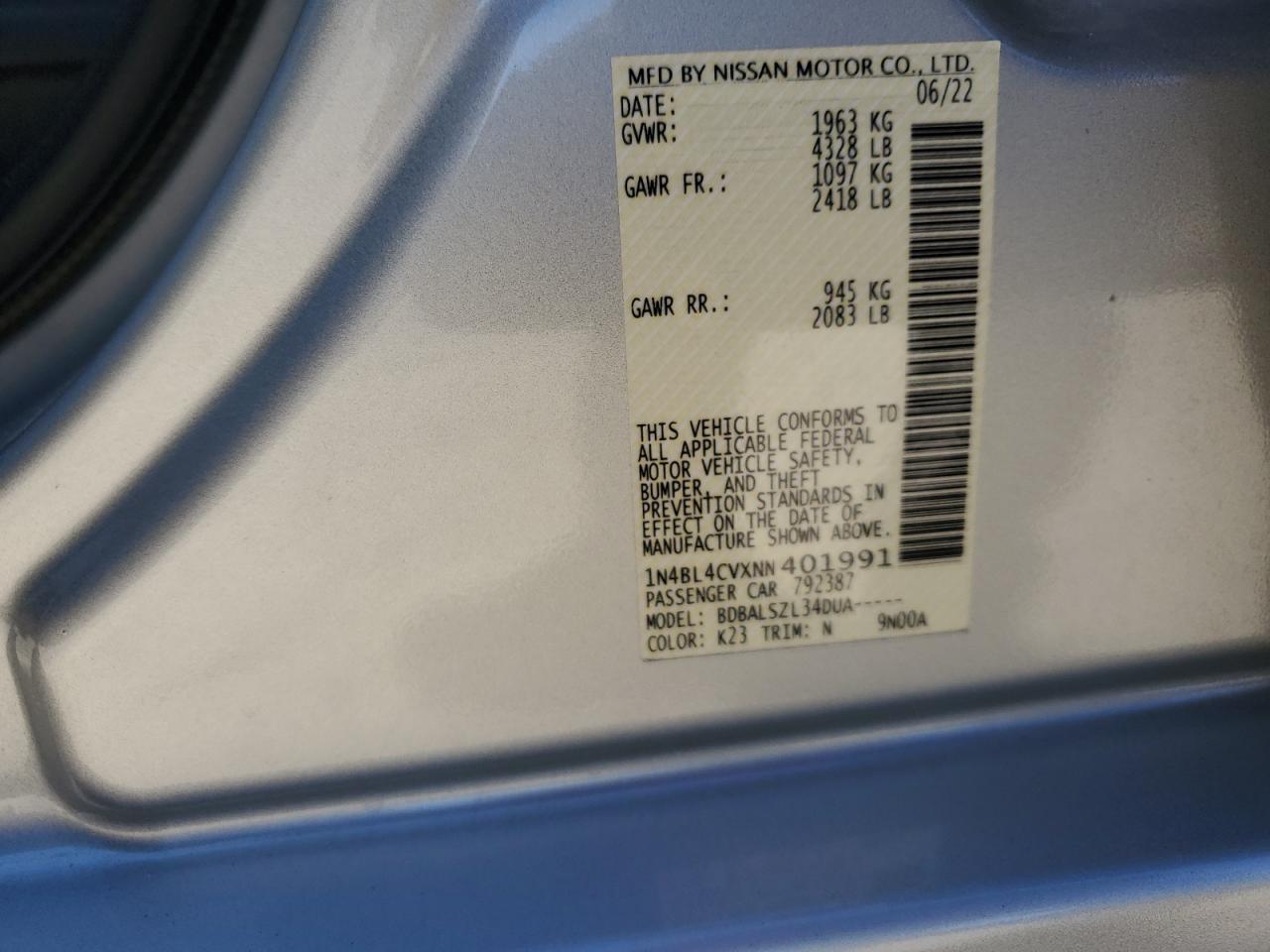 2022 NISSAN ALTIMA SR VIN:1N4BL4CVXNN401991