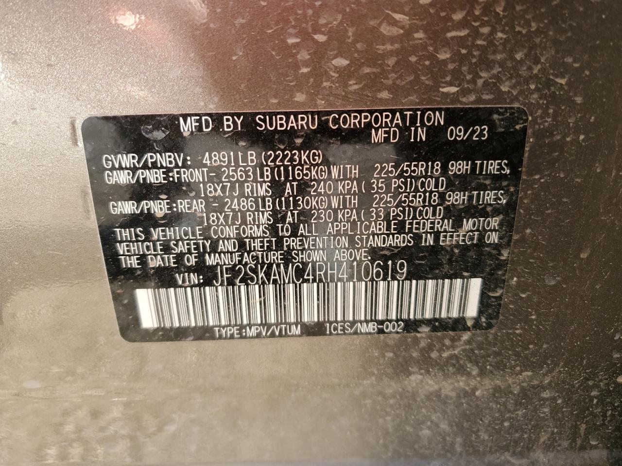 2024 SUBARU FORESTER TOURING VIN:JF2SKAMC4RH410619