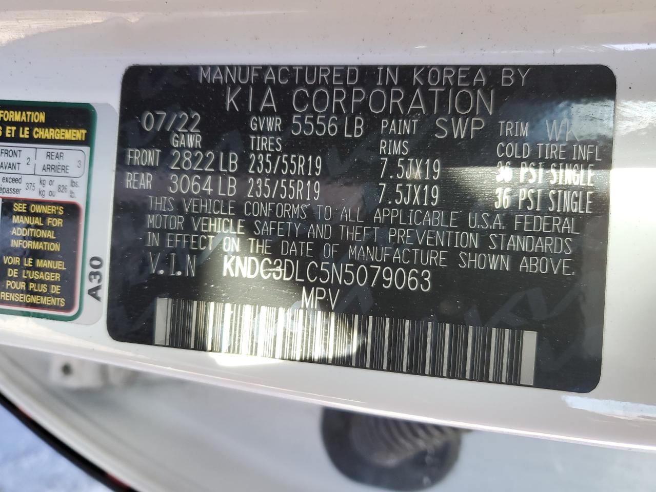 2022 KIA EV6 LIGHT VIN:KNDC3DLC5N5079063
