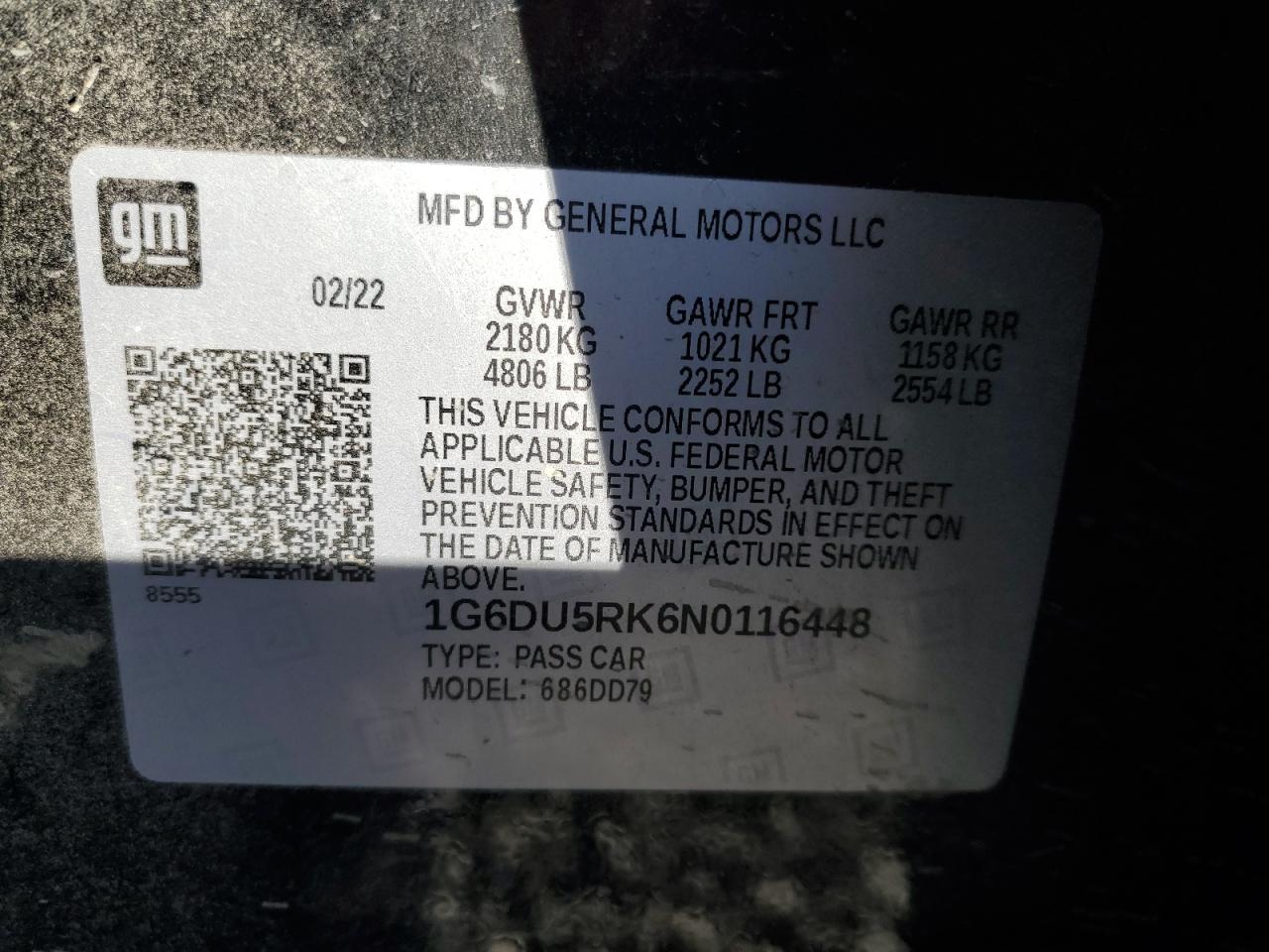 2022 CADILLAC CT5 SPORT VIN:1G6DU5RK6N0116448