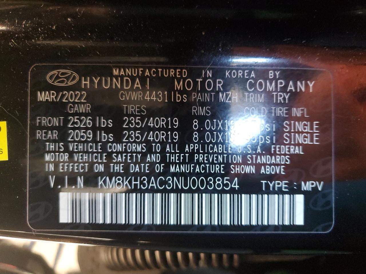 2022 HYUNDAI KONA N BASE VIN:KM8KH3AC3NU003854
