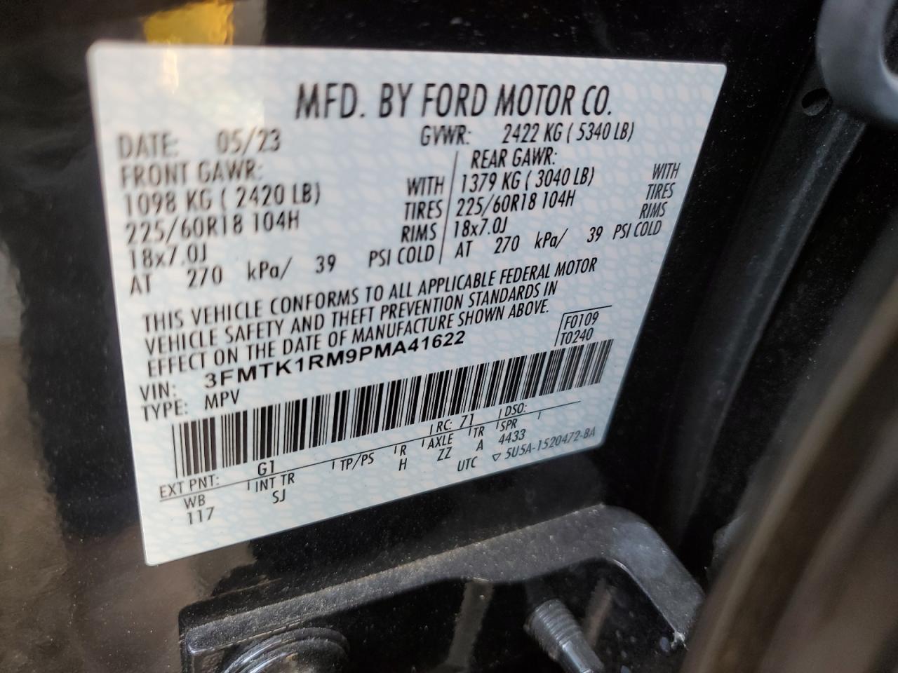 2023 FORD MUSTANG MACH-E SELECT VIN:3FMTK1RM9PMA41622